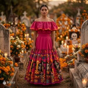 Mexican Dress Set Single Circle Skirt - Day Of The Dead & Noche De Muertos